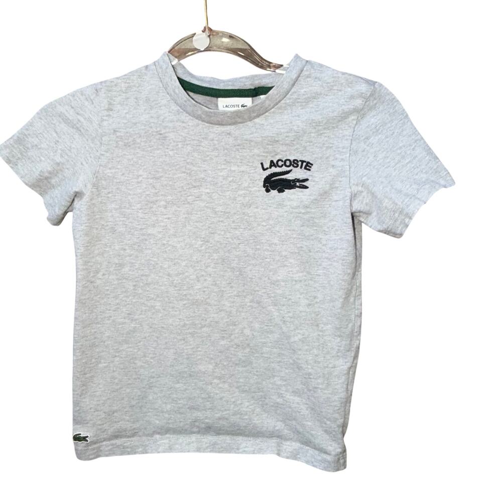 Lacoste Boys Size 8 Gray Tee Large Logo Casual T-Shirt Youth Preppy